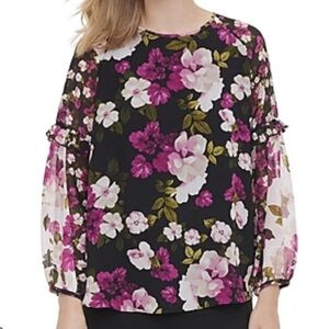 Calvin Klein Floral Black and Pink Ruffle Sleeve Blouse Size 1X